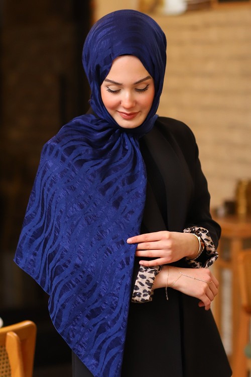 Çift Taraflı İpeksi Pamuk Jakar Kumaş Dalga Desen Tesettür Şal Serisi Açık Lacivert