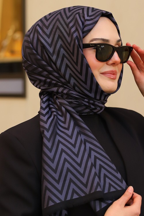 Çift Taraflı İpeksi Pamuk Jakar Kumaş Zikzak Desen Tesettür Şal Siyah Koyu Gri
