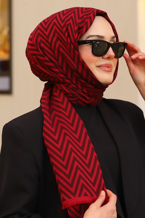 Çift Taraflı İpeksi Pamuk Jakar Kumaş Zikzak Desen Tesettür Şal Bordo Siyah
