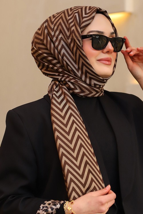 Çift Taraflı İpeksi Pamuk Jakar Kumaş Zikzak Desen Tesettür Şal Acı Kahve 2