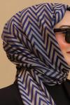 Çift Taraflı İpeksi Pamuk Jakar Kumaş Zikzak Desen Tesettür Şal Lacivert Bej
