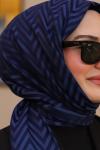 Çift Taraflı İpeksi Pamuk Jakar Kumaş Zikzak Desen Tesettür Şal Açık Koyu Lacivert