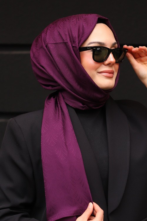 Premium İpeksi Pamuk Jakar Kumaş Tüy Desen Tesettür Şal Koyu Mor
