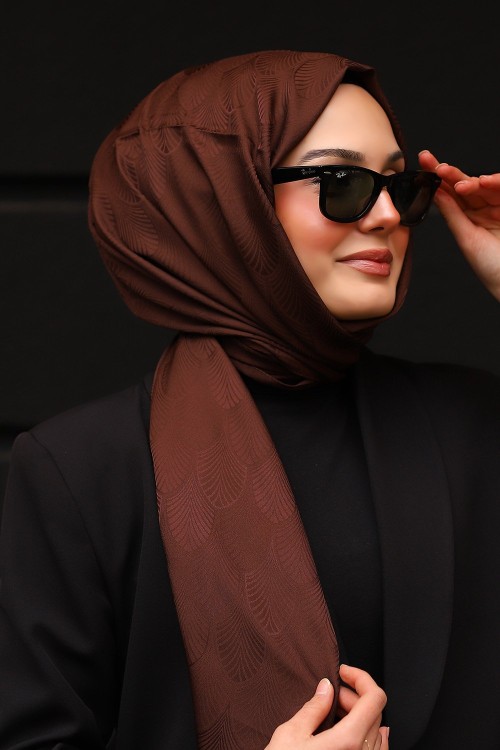Premium İpeksi Pamuk Jakar Kumaş Tüy Desen Tesettür Şal Koyu Acı Kahve
