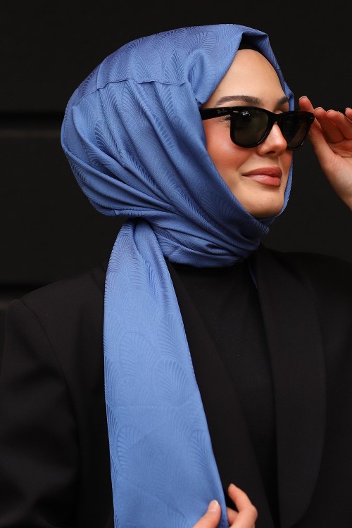 Premium İpeksi Pamuk Jakar Kumaş Tüy Desen Tesettür Şal Koyu İndigo