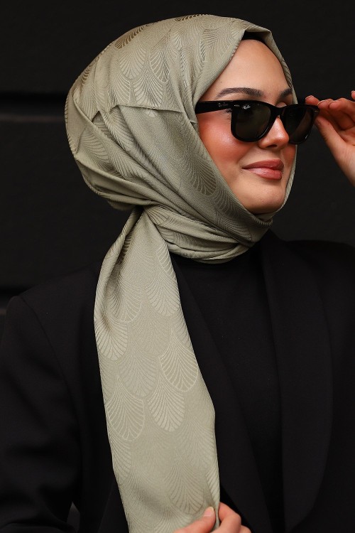 Premium İpeksi Pamuk Jakar Kumaş Tüy Desen Tesettür Şal Fıstık Yeşil