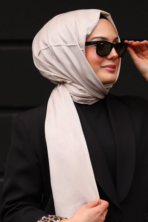 Premium İpeksi Pamuk Jakar Kumaş Tüy Desen Tesettür Şal Açık Bej