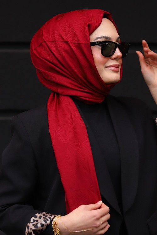 Premium İpeksi Pamuk Jakar Kumaş Tüy Desen Tesettür Şal Bordo