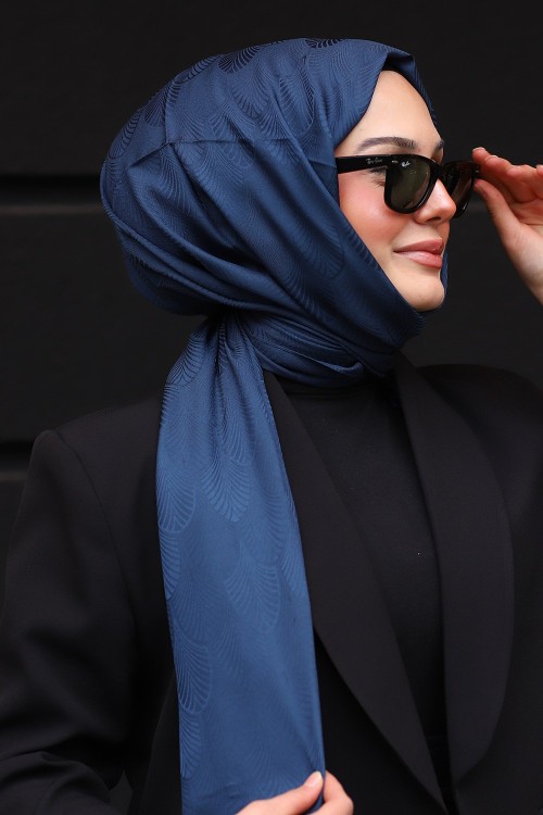 Premium İpeksi Pamuk Jakar Kumaş Tüy Desen Tesettür Şal Lacivert