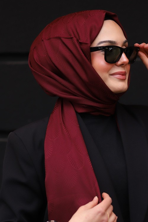 Premium İpeksi Pamuk Jakar Kumaş Tüy Desen Tesettür Şal Koyu Bordo