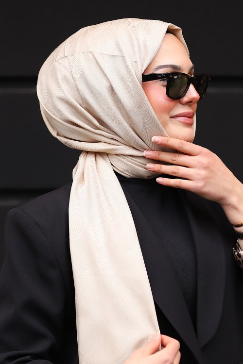 Premium İpeksi Pamuk Jakar Kumaş Tüy Desen Tesettür Şal Koyu Bej