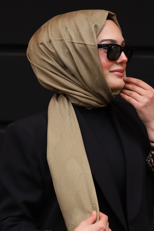 Premium İpeksi Pamuk Jakar Kumaş Tüy Desen Tesettür Şal Koyu Yeşil