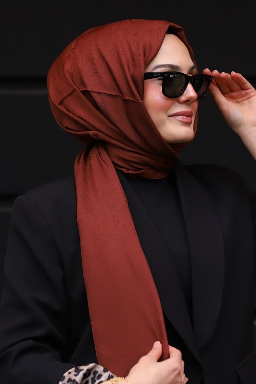 Premium İpeksi Pamuk Jakar Kumaş Tüy Desen Tesettür Şal Açık Acı Kahve