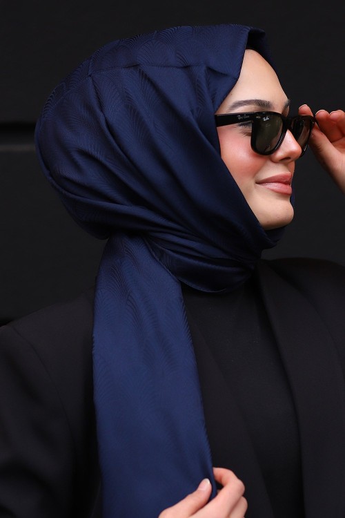 Premium İpeksi Pamuk Jakar Kumaş Tüy Desen Tesettür Şal Koyu Lacivert