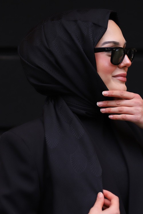 Premium İpeksi Pamuk Jakar Kumaş Tüy Desen Tesettür Şal Siyah