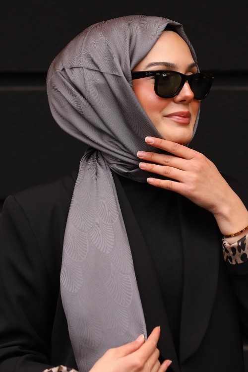 Premium İpeksi Pamuk Jakar Kumaş Tüy Desen Tesettür Şal Orta Gri