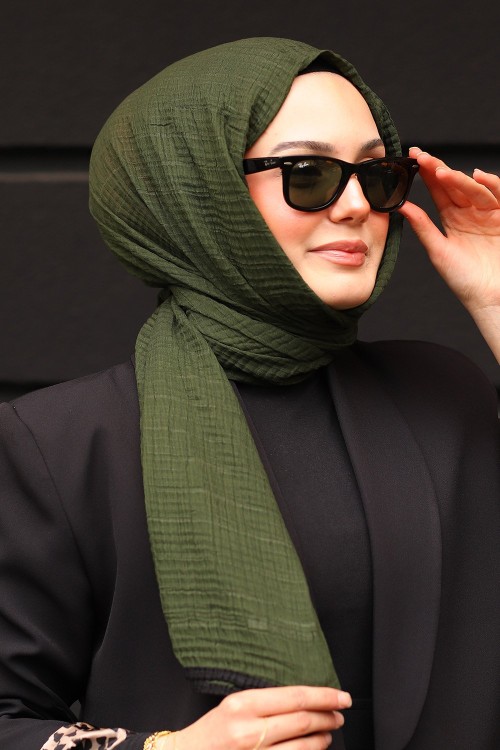 Haki Siyah Premium Müslin Biyeli Şal