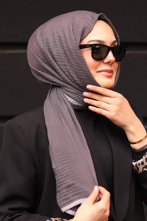 Koyu Gri Açık Gri Premium Müslin Biyeli Şal