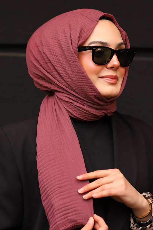 Açık Koyu Gül Premium Müslin Biyeli Şal