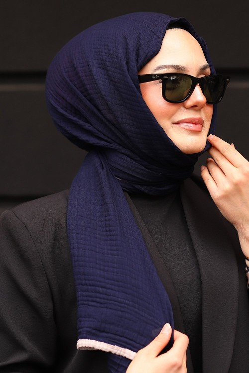 Lacivert Bej Premium Müslin Biyeli Şal