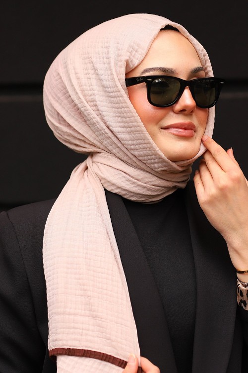 Bej Acı Kahve Premium Müslin Biyeli Şal