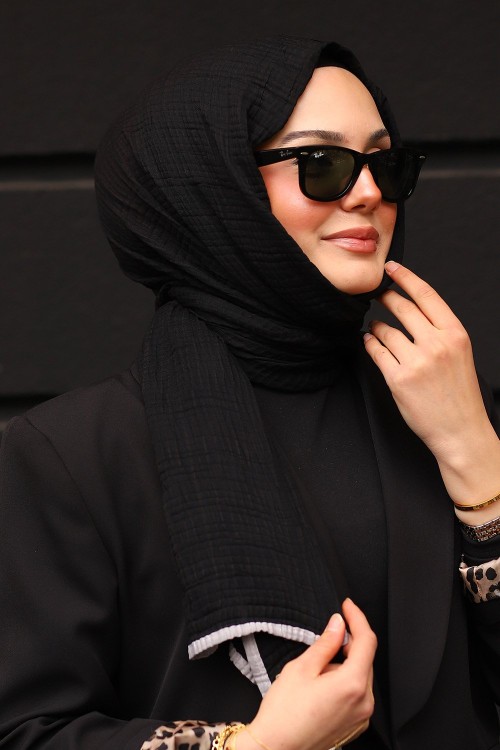 Siyah Gri Premium Müslin Biyeli Şal