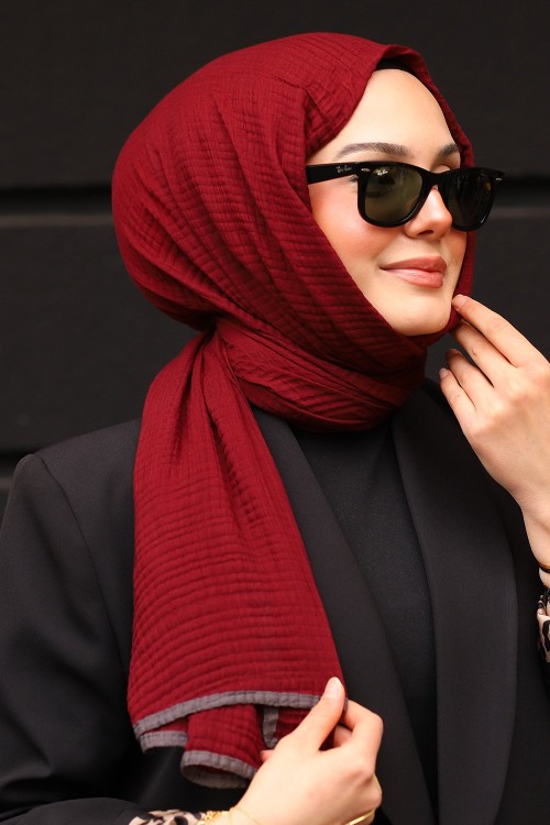 Bordo Gri Premium Müslin Biyeli Şal