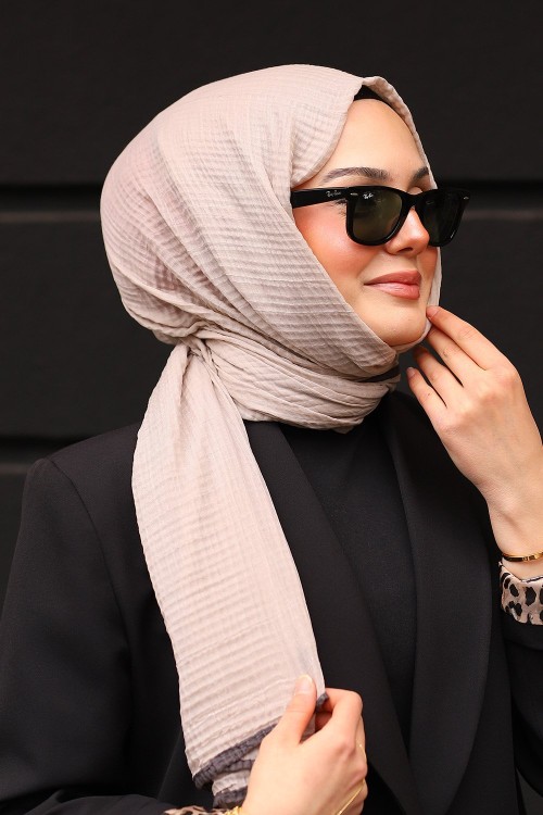 Bej Gri Premium Müslin Biyeli Şal