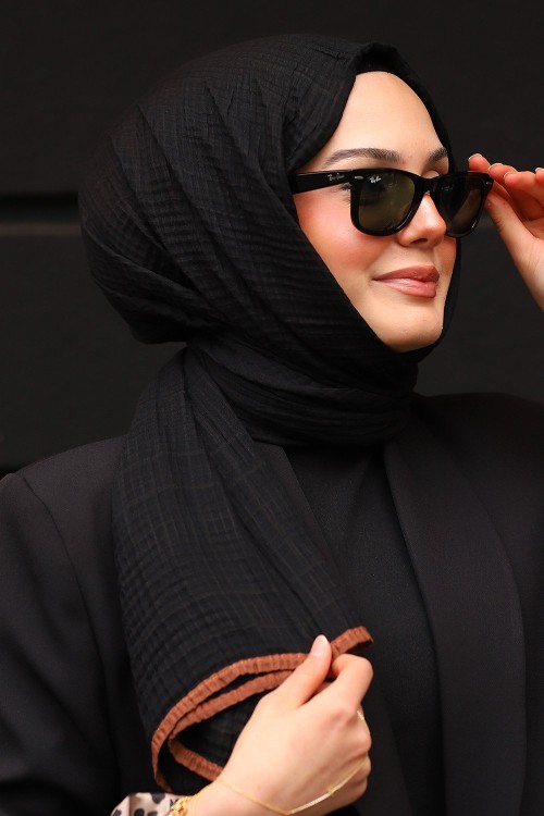 Siyah Acı Kahve Premium Müslin Biyeli Şal