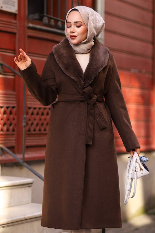 Kürk Detaylı Kaşe Tesettür Kaban Acı Kahve