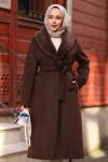 Kürk Detaylı Kaşe Tesettür Kaban Acı Kahve