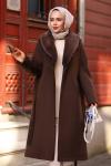 Kürk Detaylı Kaşe Tesettür Kaban Acı Kahve
