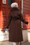 Kürk Detaylı Kaşe Tesettür Kaban Acı Kahve
