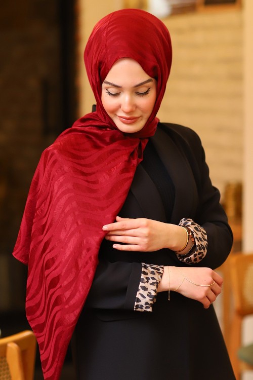 Çift Taraflı İpeksi Pamuk Jakar Kumaş Dalga Desen Tesettür Şal Serisi Açık Bordo