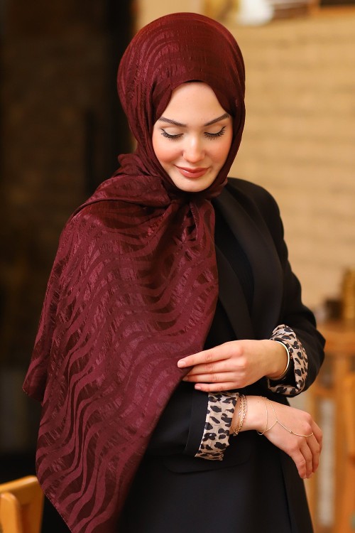 Çift Taraflı İpeksi Pamuk Jakar Kumaş Dalga Desen Tesettür Şal Serisi Koyu Bordo