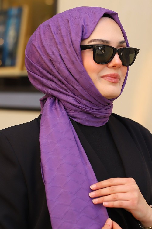 Çift Taraflı İpeksi Pamuk Jakar Kumaş Elmas Desen Tesettür Şal Serisi Koyu Lila