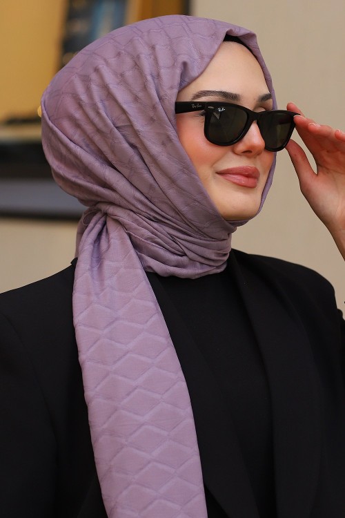Çift Taraflı İpeksi Pamuk Jakar Kumaş Elmas Desen Tesettür Şal Serisi Açık Lila