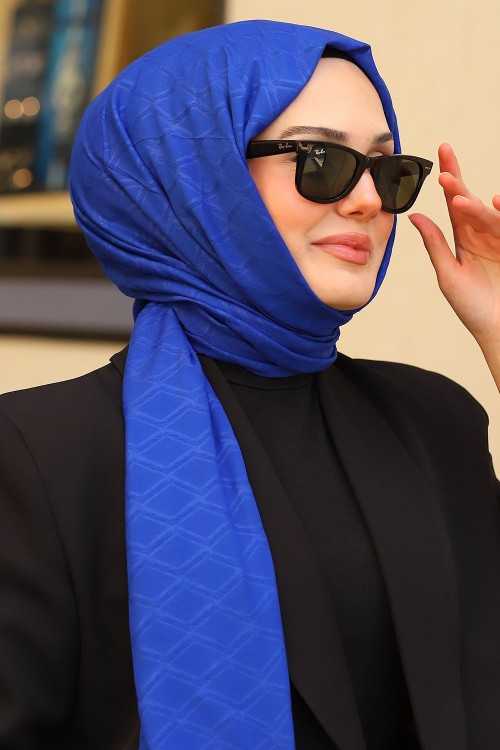 Çift Taraflı İpeksi Pamuk Jakar Kumaş Elmas Desen Tesettür Şal Serisi Koyu Mavi