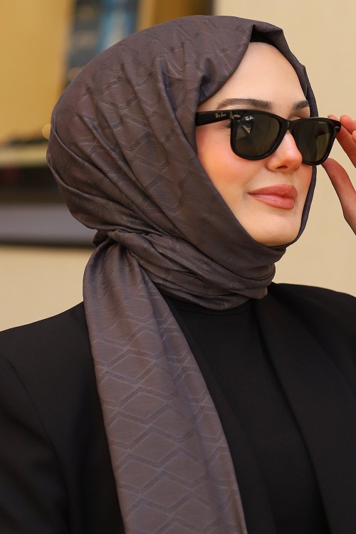 Çift Taraflı İpeksi Pamuk Jakar Kumaş Elmas Desen Tesettür Şal Serisi Antrasit