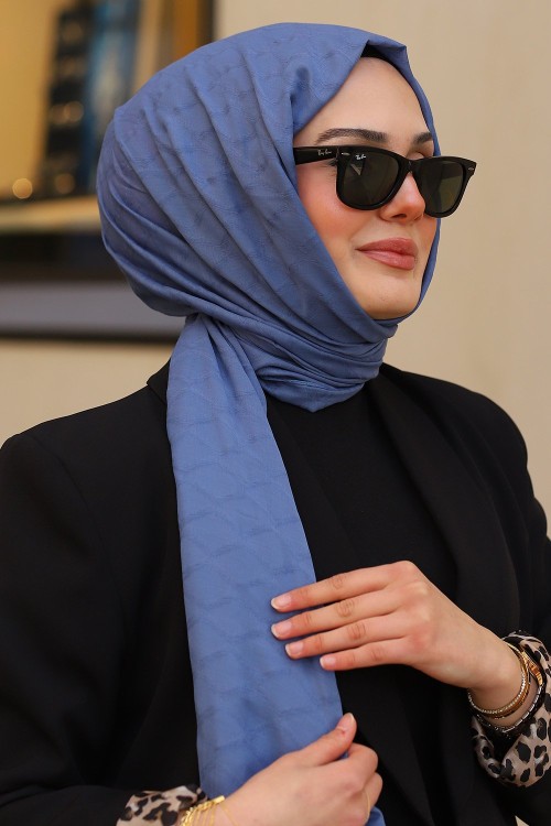 Çift Taraflı İpeksi Pamuk Jakar Kumaş Elmas Desen Tesettür Şal Serisi Açık Mavi