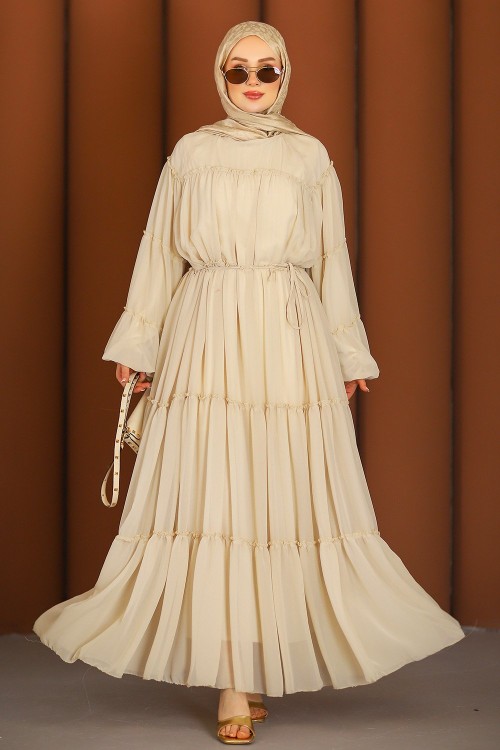 Fırfırlı Tesettür Elbise Bej