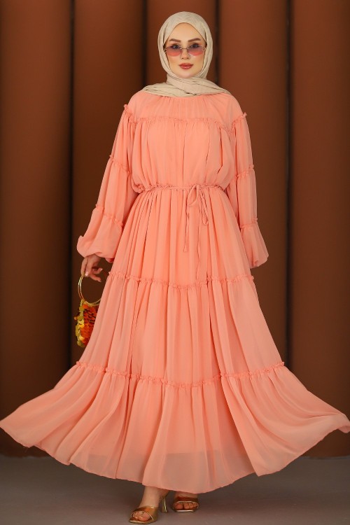 Fırfırlı Tesettür Elbise Pudra