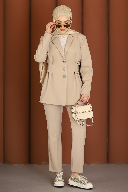 İnci Premium Blazer Tesettür Takım Bej