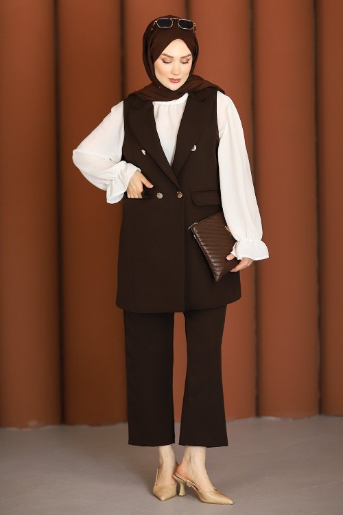 Kruvaze Yaka Tesettür Yelekli Üçlü Takım Acı Kahve