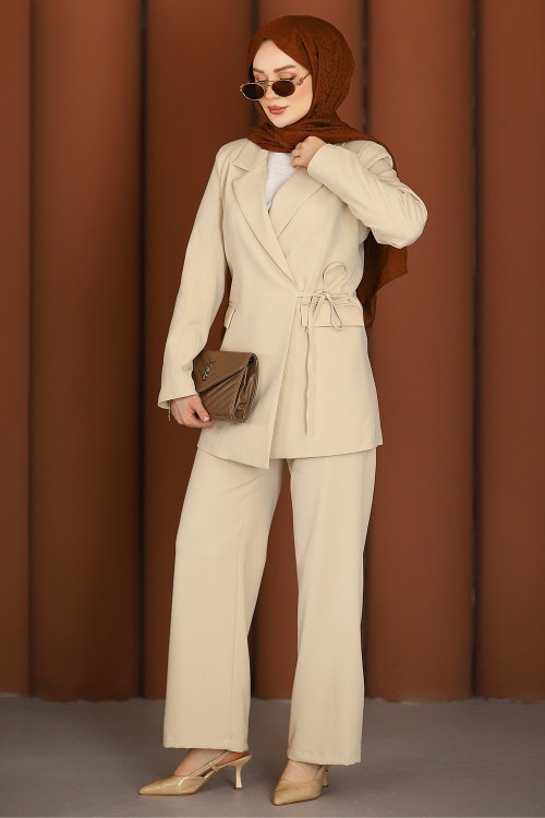 Zümra Premium Blazer Tesettür Takım Bej