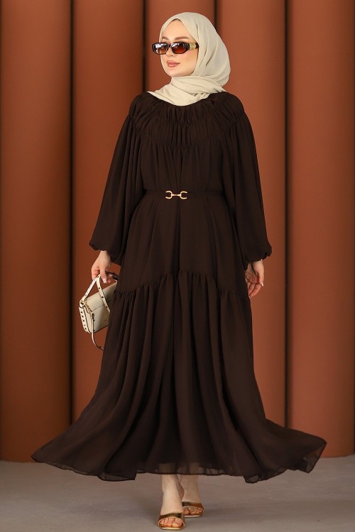 Premium Işıltılı Şifon Tesettür Elbise Acı Kahve 