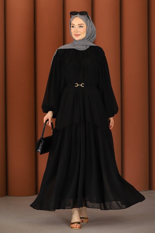 Premium Işıltılı Şifon Tesettür Elbise Siyah