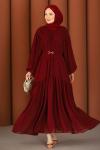 Premium Işıltılı Şifon Tesettür Elbise Bordo
