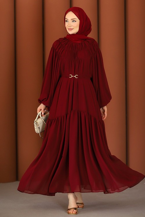 Premium Işıltılı Şifon Tesettür Elbise Bordo