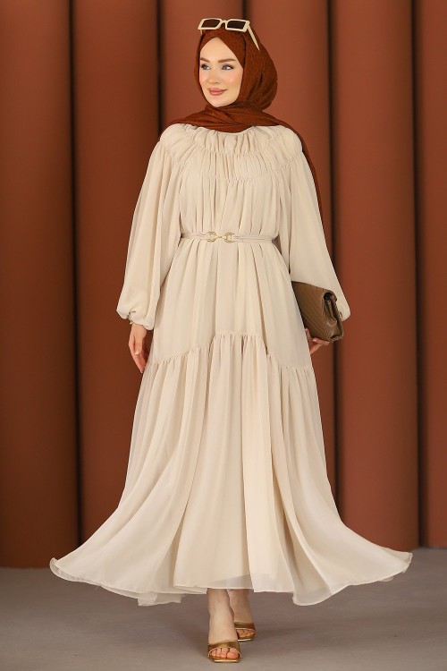 Premium Işıltılı Şifon Tesettür Elbise Bej